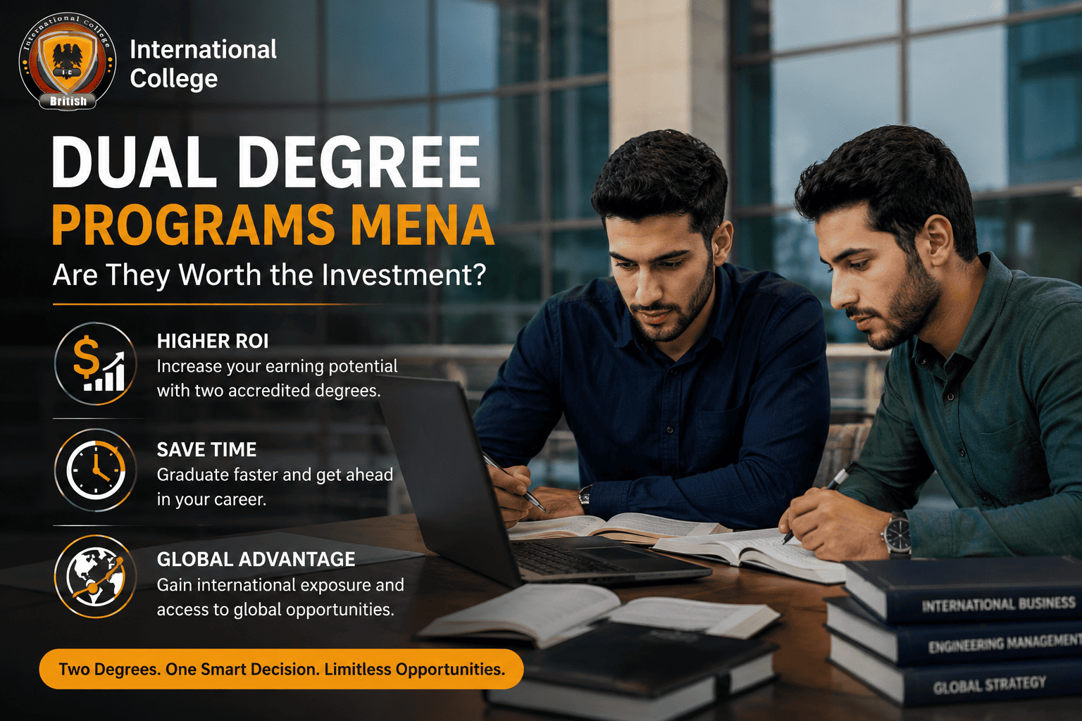 International dual degree male students discussing academic ROI and global career opportunities in a modern university setting